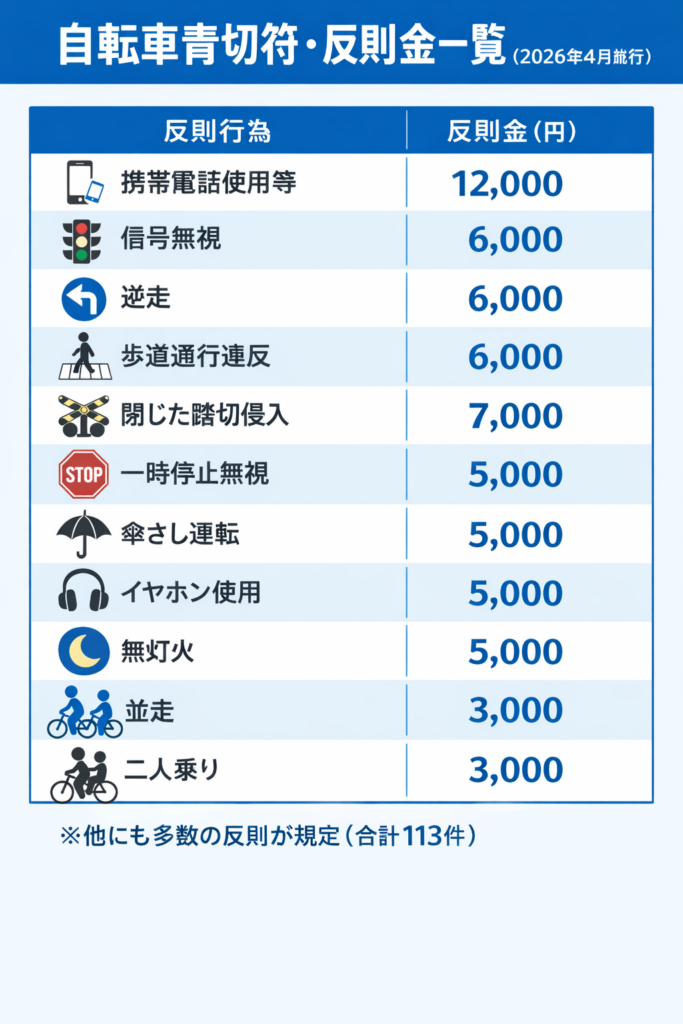 自転車青切符罰則金一覧